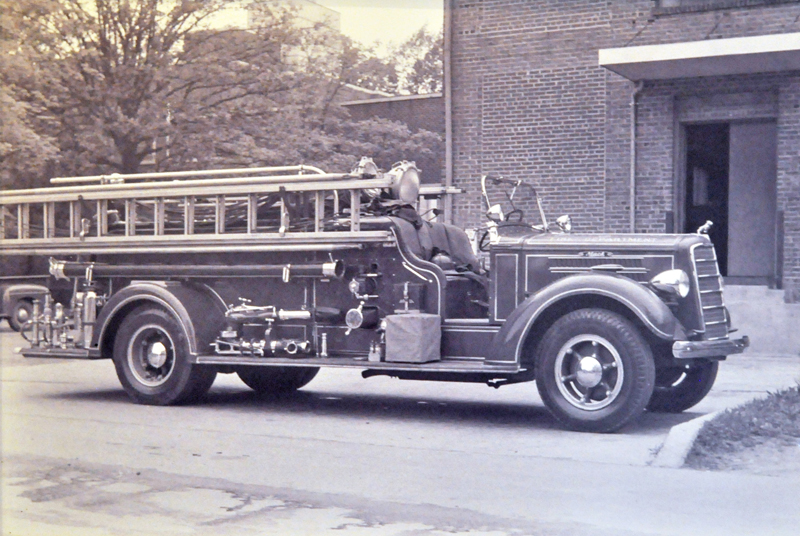 Black and white photo of 1937 Mack Fire Truck Type 75